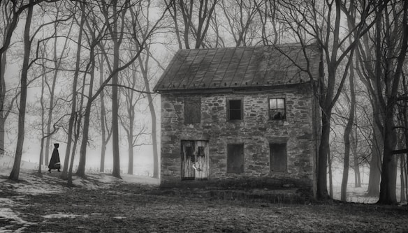 A desolate, eerie landscape features an old, dilapidated stone house surrounded by leafless trees. The atmosphere is foggy, adding to the ominous feel. A lone figure, cloaked in dark attire, stands near the trees, enhancing the mysterious vibe.