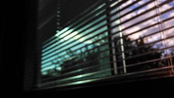 Horizontal blinds partially open, revealing a view of a cloudy sky and foliage outside. The light filtering through the blinds casts shadows and highlights, creating a contrast between the indoor and outdoor settings.