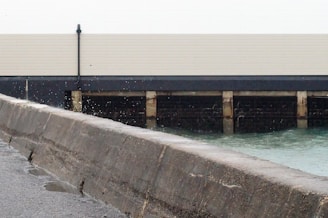 Workers customizing seawall colors beside calm water.