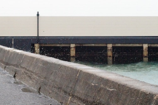 Workers customizing seawall colors beside calm water.