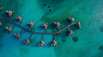 aerial photography of resort villa on water