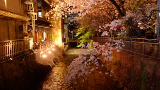 A cozy ryokan nestled among cherry blossom trees, softly lit in the evening.