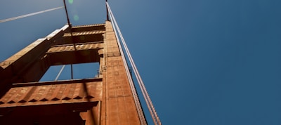 Golden Gate Bridge viewed from Marin Headlands with clear blue skies.