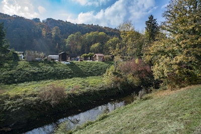 Plot of land framed by tall trees with a small creek nearby.