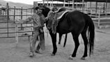 A person dressed in cowboy attire, including a hat and chaps, stands next to a saddled horse in a ranch setting. The background displays a series of fenced paddocks and stables, suggesting an equestrian or livestock environment. The overall scene gives an impression of rural or western life.