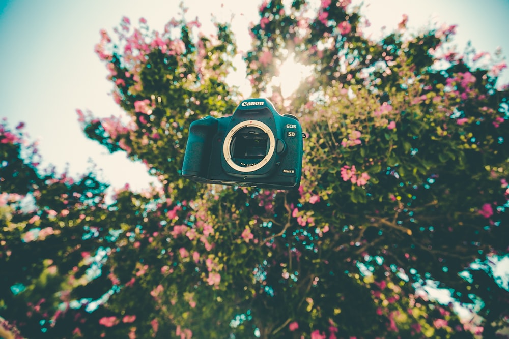 black Canon EOS on mid air near trees during daytime