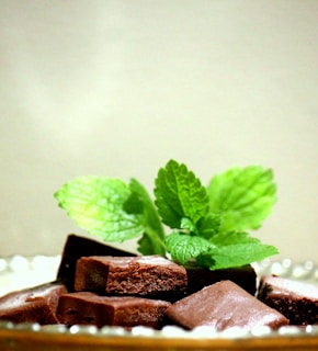 Several pieces of chocolate fudge are garnished with fresh green mint leaves. The chocolates are laid out on a surface, and the mint leaves add a vibrant touch to the arrangement.