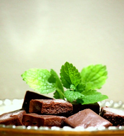 Several pieces of chocolate fudge are garnished with fresh green mint leaves. The chocolates are laid out on a surface, and the mint leaves add a vibrant touch to the arrangement.