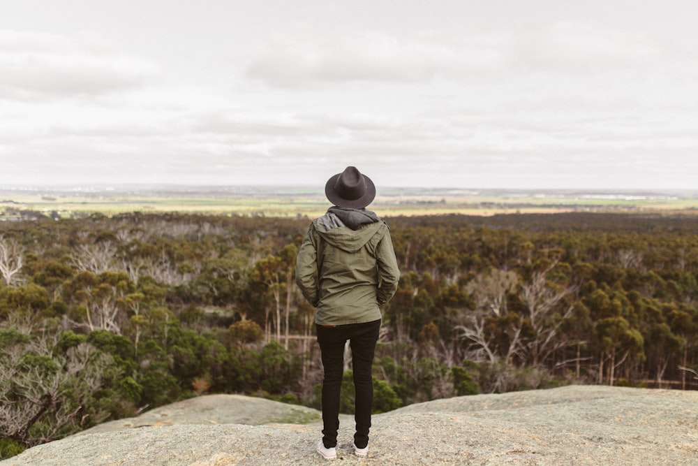 man standing on mountain viewing forest