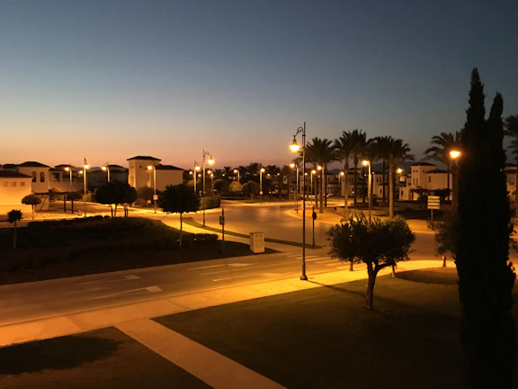 A nighttime shot of a solar-powered streetlight illuminating a quiet UAE street.