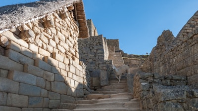 Ancient stone structures with a thatched roof rise along a stairway on a clear day. Sunlight casts shadows on the stone walls, revealing their textured surfaces. A llama stands on the steps, adding a sense of life to the historical setting.