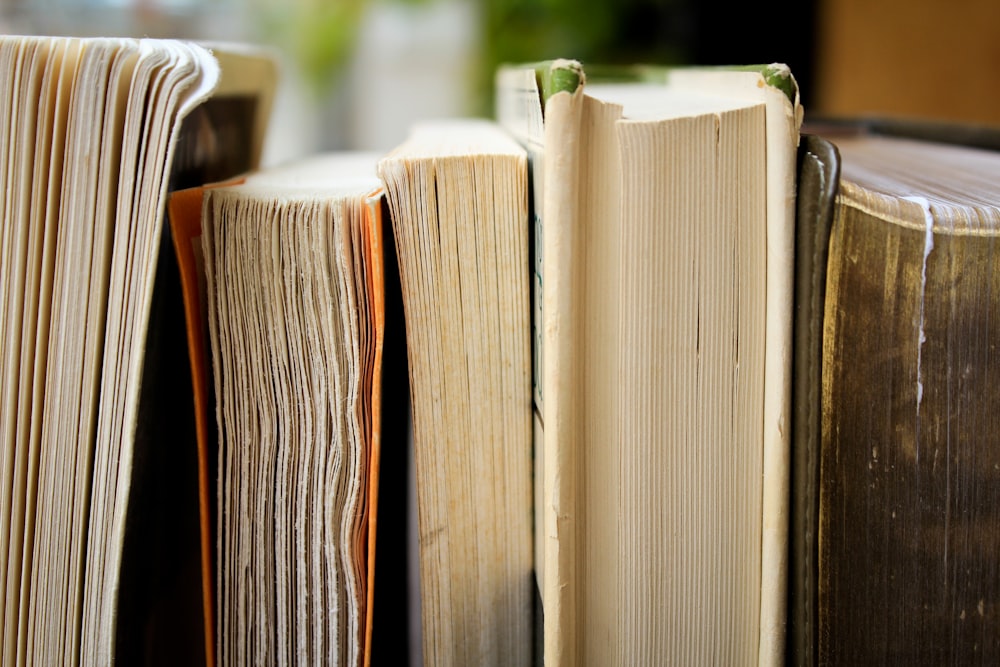 The bottom of five weathered books stacked horizontally next to each other