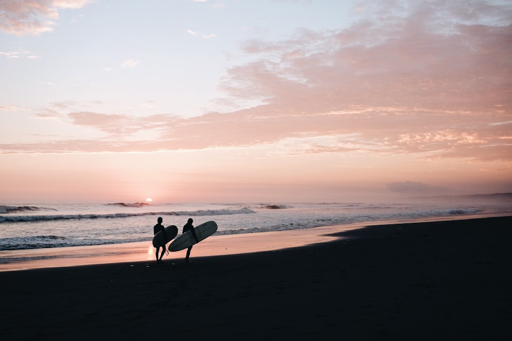 surfers carrying their surfboards at seashore