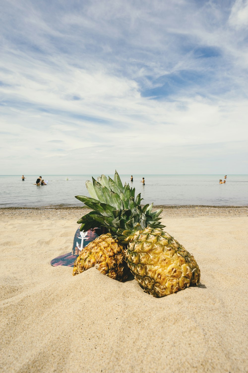 two pineapples on seashore