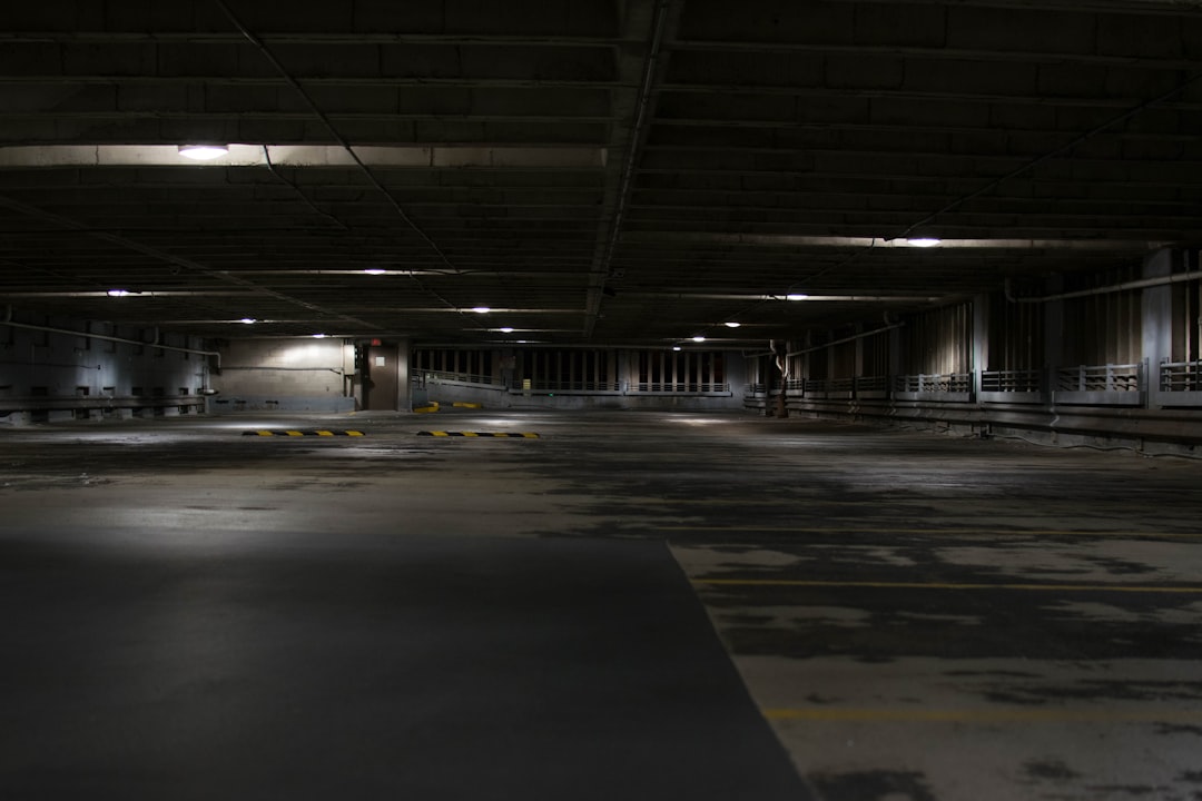 indoor parking space, Dark empty parking space