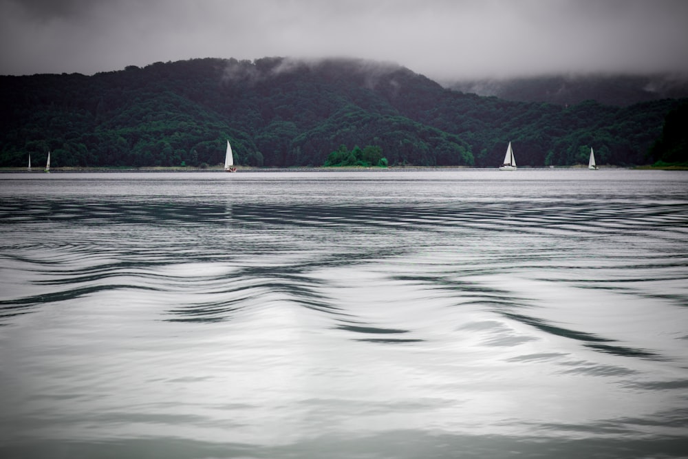 green mountains near sailboats on ocean