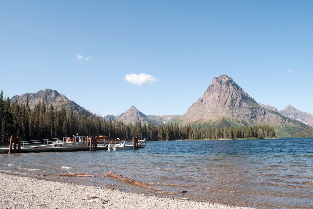 brown wooden dock on lake near green mountain under blue sky during daytime