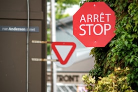 A bilingual stop sign is prominently displayed, with 'ARRÊT STOP' written in white on a red octagonal background. It is surrounded by lush green vines. A black street sign reading 'rue Anderson street' is visible on a wall nearby. In the background, there is a blurred red and white yield sign, adding to the urban setting.