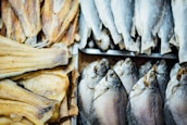 Close-up of dried fish products neatly arranged for sale.