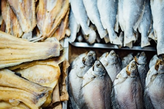 An assortment of dried and fresh fish is displayed. On the left side, there are flat, dried fish fillets, golden and slightly textured. On the right, whole fish with silver scales and eyes are neatly arranged in rows.