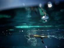 close up photo of black surfboard fin underwater