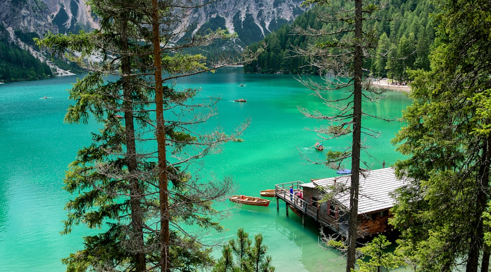 fotografia ad alto angolo di barche di legno sul lago vicino alla cabina