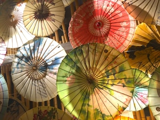 A collection of colorful umbrellas arranged in a fan shape on a wooden table.