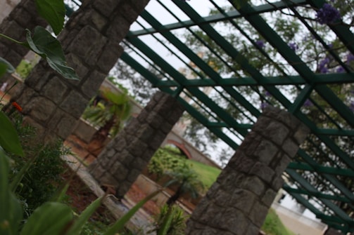 A series of robust stone columns support a green metal framework, resembling a pergola, under a cloudy sky. Lush green foliage and a variety of plants thrive in the foreground and background, adding vibrancy to the structured setting. The scene includes a small curved bridge, partially visible in the background, that suggests a garden or park setting.