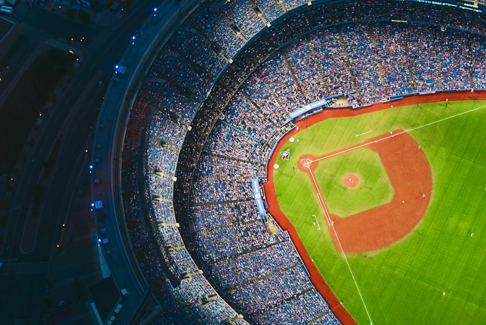 Aerial view of a packed baseball stadium