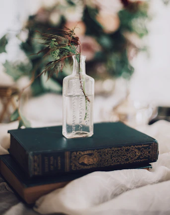 Delicate botanical oils in glass bottles surrounded by green leaves.