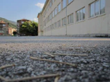 Wide angle of a commercial building’s exterior after pressure washing.