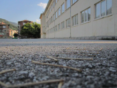 Wide angle of a commercial building’s exterior after pressure washing.