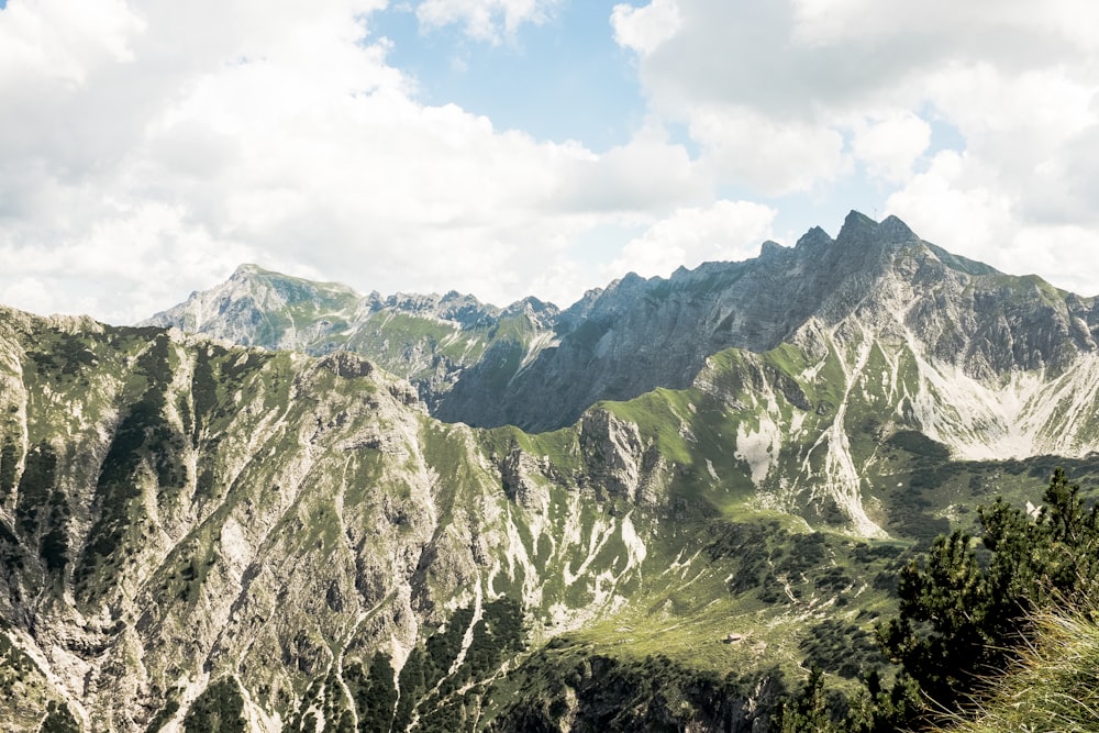 montagnes couvertes d’herbe verte sous un ciel blanc et nuageux