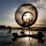 A large satellite dish silhouetted against a setting sun. The sun's rays create a striking effect through the perforated surface of the dish. The foreground is dark and reflective due to water on the ground, while scattered clouds fill the background sky.