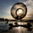 A large satellite dish silhouetted against a setting sun. The sun's rays create a striking effect through the perforated surface of the dish. The foreground is dark and reflective due to water on the ground, while scattered clouds fill the background sky.
