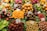 A vibrant display of various fruits and colorful produce, neatly arranged with labels indicating their names and origins. The assortment includes starfruits, naranjillas, rambutans, passion fruits, and more, accompanied by a bottle of juice or syrup. The fruits are placed on green leafy backdrops, enhancing their freshness and appeal.