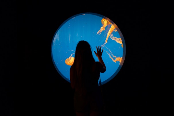 A silhouette of a person with long hair is observing jellyfish through a circular aquarium window. The jellyfish are illuminated in vibrant orange against a deep blue background, creating a striking contrast.