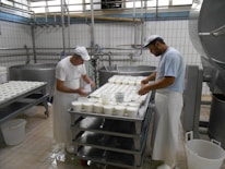 Two workers are in a cheese factory, handling trays filled with white containers. The room features industrial equipment and tiled walls, giving a clean and organized appearance. Both individuals are wearing white aprons and caps as they work.