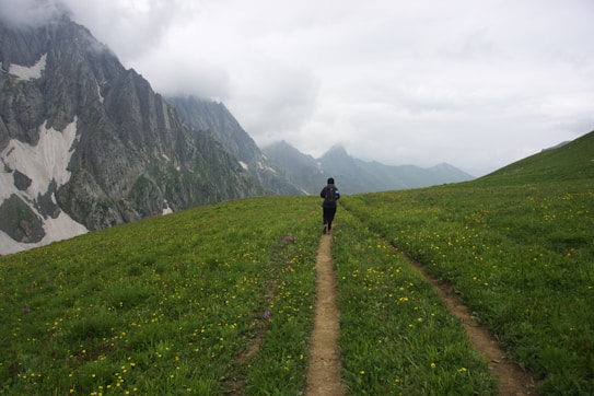 A solitary hiker walks along a narrow dirt path through a lush green meadow, surrounded by blooming wildflowers. Towering mountains with patches of snow rise dramatically in the background, partially obscured by clouds, creating a sense of tranquility and grandeur.