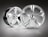A pair of sleek, metallic alloy wheels with a shiny, polished finish is set against a gradient background. The wheels feature a five-spoke design, and the surface reflects light, emphasizing their smooth and modern appearance.