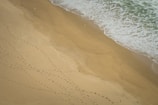 A sandy beach with footprints leading to a sand can placed on the shore.