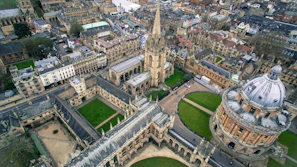 A panoramic view of the university campus with historic and modern buildings