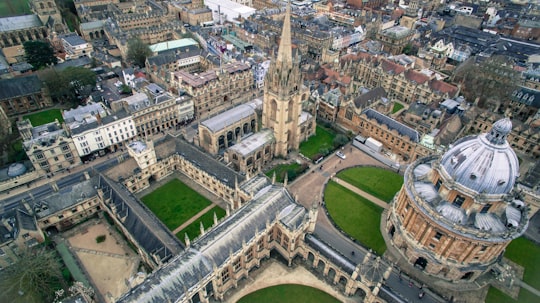 bird's eye photography of gray gothic building in University of Oxford United Kingdom