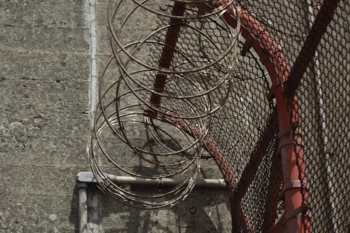 Close-up of a high-security fence with razor wire topping.