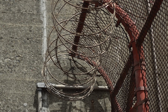 A metal fence with coiled razor wire running along its top, casting shadows on a concrete surface. The fence has a red support structure adding a touch of color to the otherwise muted scene.