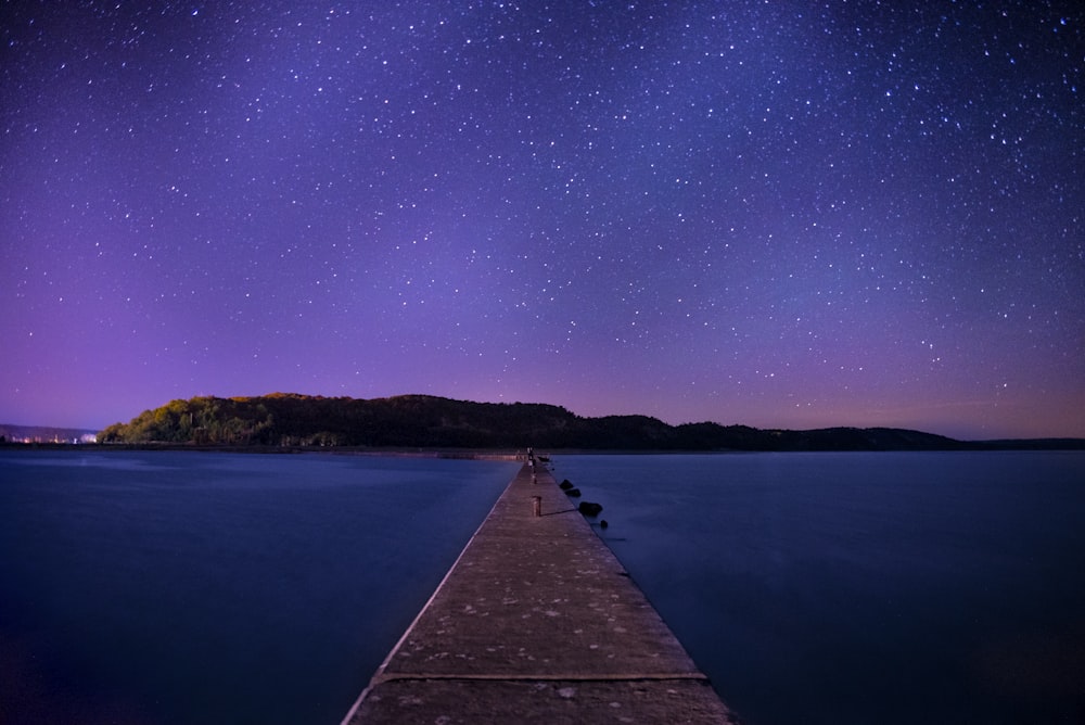 brown wooden dock under night sky