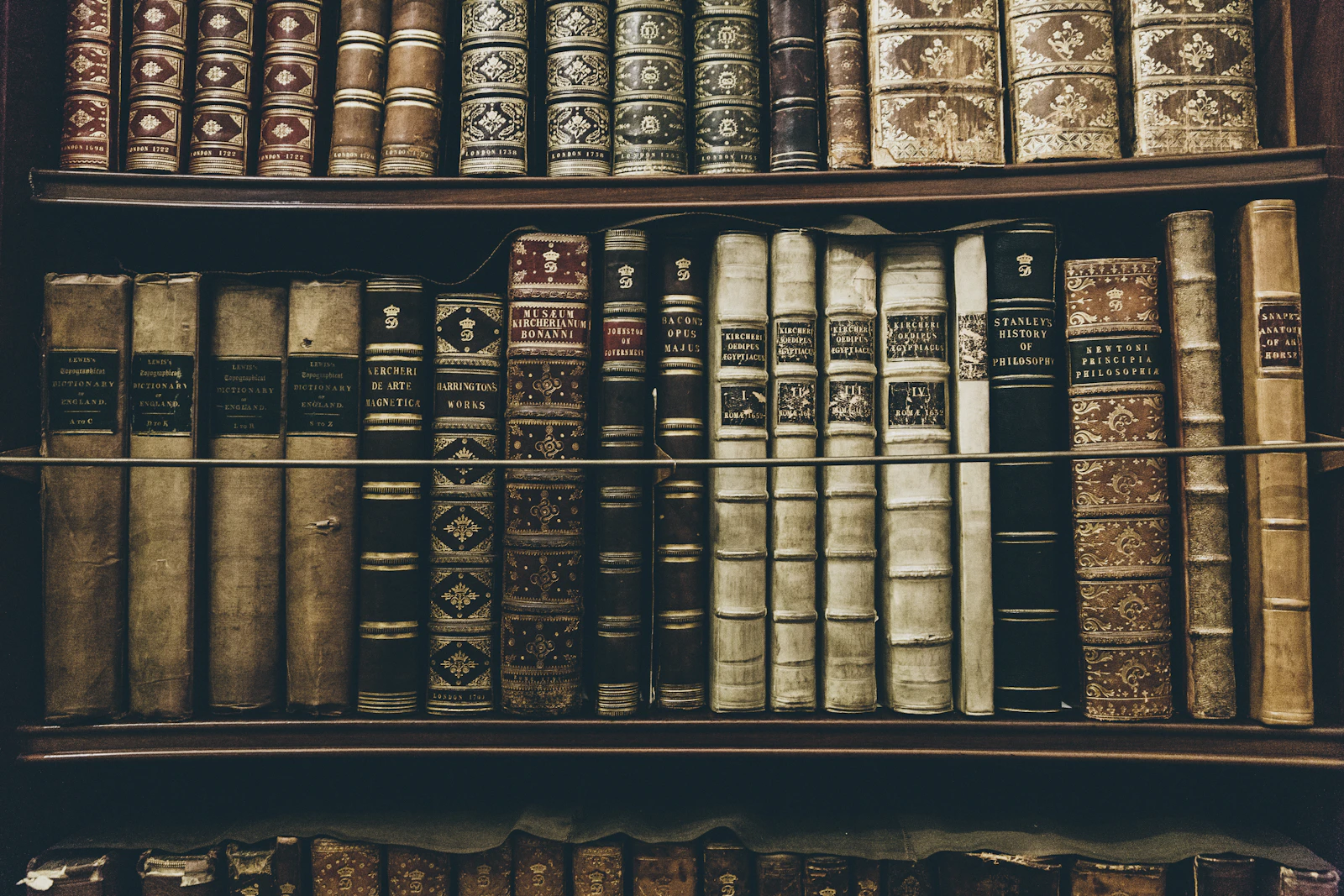 Leather-bound volumes on an archive shelf, c. 1880, library stamp
