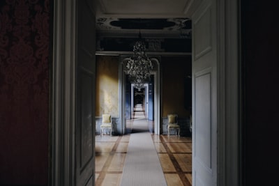 opened white wooden door near chandelier classic zoom background