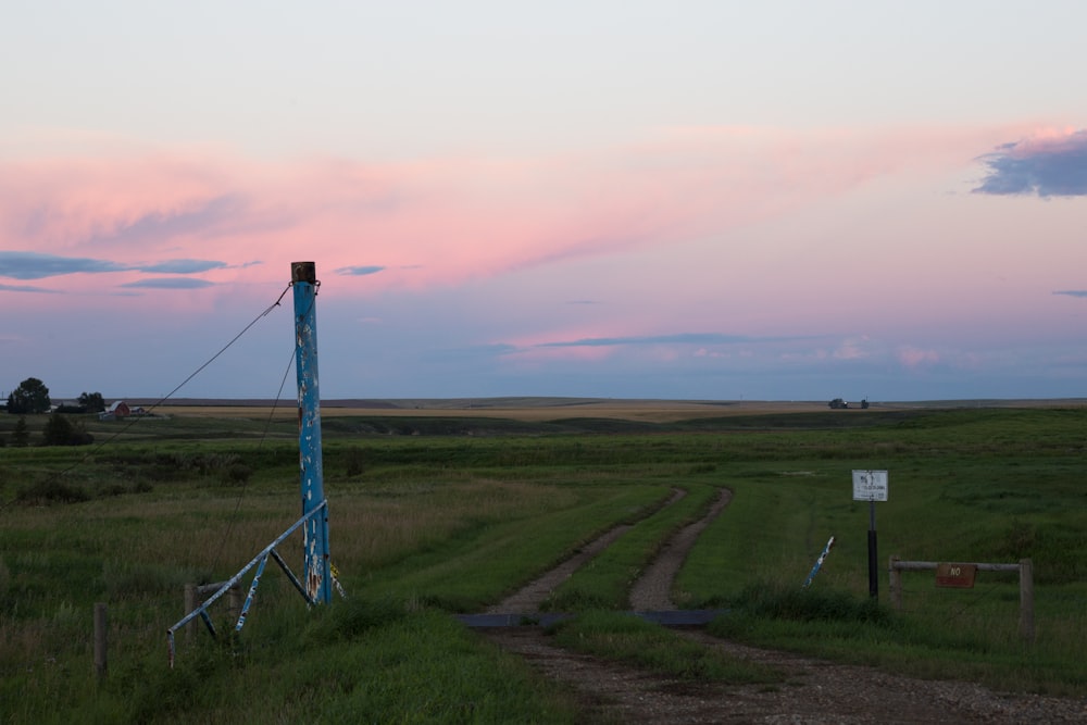 Un champ avec un chemin de terre et un poteau bleu