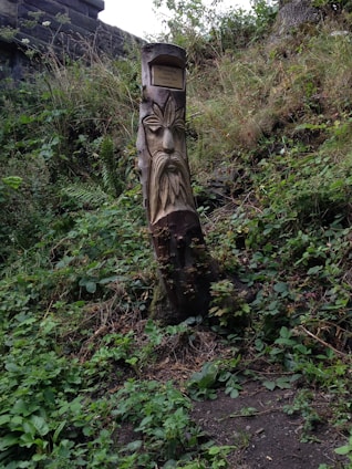 A carved wooden totem pole with a face and leaf-like design stands amidst a lush, green, overgrown area. The pole has a small plaque attached near the top. Surrounding it are various plants and grasses, with a stone structure partially visible in the background.